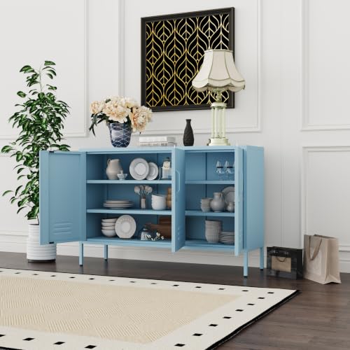 32" Blue 3 Door Lockable Metal Cabinet, Freestanding Heavy Duty Storage Locker with Adjustable Shelves for Home Office Kitchen Living Room - color: Blue, style: 32"H-Cabinet-TH