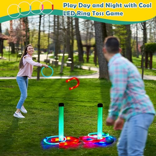Liliful 20 Pcs Outdoor Ring Toss Game Ring Toss Glow in Dark Games with LED Yard Game Outdoor Games for Family Adults Lawn Backyard Camping Glow Party