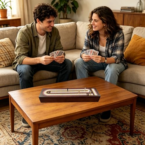 Cribbage Board Game Set, Premium Wooden Board with Magnetic Lock and Built-in Storage, 2 Playing Cards & 9 Metal Pegs, 3 Track Board for 2–3 Player, Travel Portable Game for Adults and Family - size: Classic