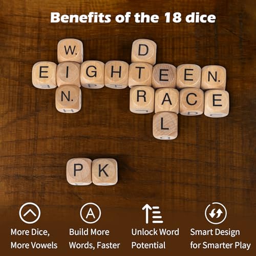 WodGod Crossword Dice Challenge Set for Adults – 18 Wooden Letter Dice with Enhanced Vowel Distribution for Multiplayer Games & Vocabulary Building