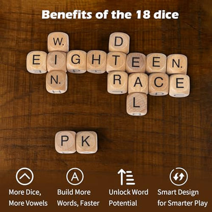 WodGod Crossword Dice Challenge Set for Adults – 18 Wooden Letter Dice with Enhanced Vowel Distribution for Multiplayer Games & Vocabulary Building