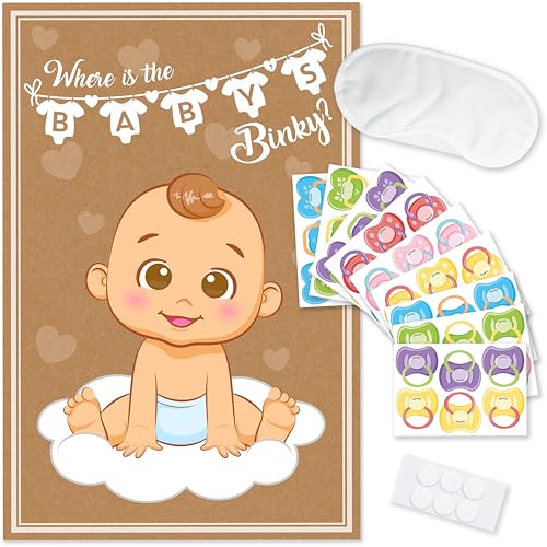 Party Hearty Pin the Pacifier on the Baby, Baby Shower Game - Kraft Boy | 1 Large Poster, 56 Colorful Binky Stickers, 1 Blindfold & Double-Sided Tape - color: Boy Kraft - Pin the Binky