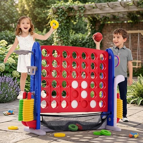 Giant Connect 4 Game 3 in 1, Jumbo 4 in a Row Yard Game Set with Basketball Hoop & Ring Toss, Outdoor Indoor Large Connect Four for Kids Adults Birthday Party, Backyard Games for Family Night