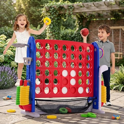 Giant Connect 4 Game 3 in 1, Jumbo 4 in a Row Yard Game Set with Basketball Hoop & Ring Toss, Outdoor Indoor Large Connect Four for Kids Adults Birthday Party, Backyard Games for Family Night