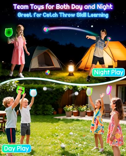 3D LED Light Up Toss Catch Ball Game Set Toys for Back Yard Outdoor Party Favors Glow in Dark Sticky Paddle Baseball Gift Age 5 6 7 8 9 10 11 12 Years Old Girls Boy Kid Family Adult - color: Blue 1 Paddle 2 Balls