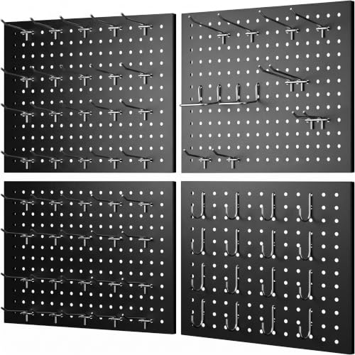 Pegboard Wall Organizer, 4 Pack Metal Pegboard Panels with 70 Hooks, 32" x 24" or 64" x 12" Black Peg Board for Walls, Garage, Craft Room, Cold-Rolled Steel - color: Black, size: 4 Packs+70Hooks