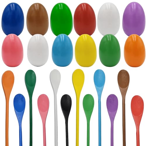 Chochkees 12 Wooden Easter Eggs and 12 Wooden Spoon Race Game Set, 12 Sets, Multi-Player Carnival Game for Kids & Family Activity Holiday Outdoor Yard Easter Egg Hunt Birthday Party Lawn Games - style: 12 Players