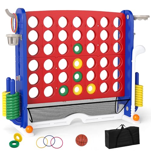 OLAKIDS Giant Connect Game Outdoor, 4 in A Row with Adjustable Height, Mesh Net, Carry Bag, Golf, Basketball Hoop, Ring Toss, Cup Holder for Kids Adults Indoor Backyard (Red) - color: Red