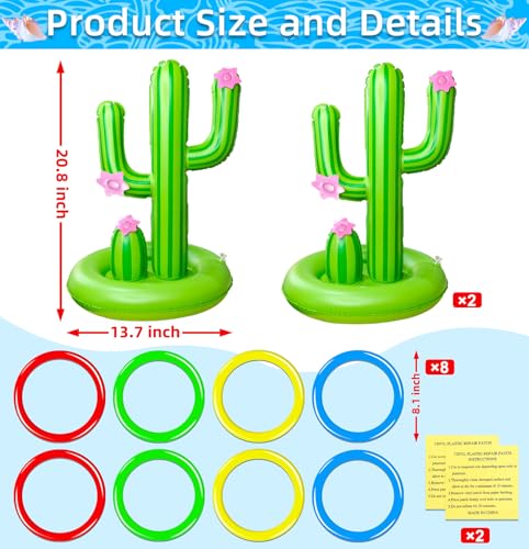 TURNMEON 2 Pack Inflatable Luau Cactus Pool Ring Toss Game Set - 8 Plastic Rings & Wider Base, Adults Summer Hawaiian Beach & Outdoor Party Supplies - color: Inflatable Flamingo Pool Toys