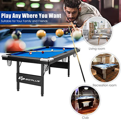 Goplus 6 FT Folding Pool Table, 76 Inch Portable Billiard Tables for Adults W/Foldable & Locking Legs, Adjustable Feet, Full Accessory Kit of 2 Cues, 16 Billiard Balls, Triangle, Brush, Chalk