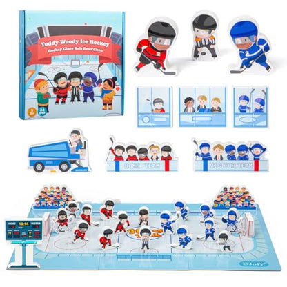 2-in-1 Hockey Board Game & Blocks Playset, Wooden Hockey Figurines with Assembly Rink or Roll and Move Game, Mini Hockey Figures, Winter Sports Toy for Kids, Toddlers & Families