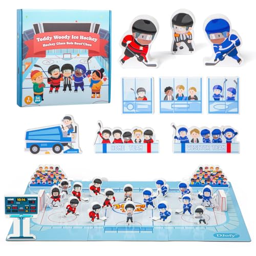 2-in-1 Hockey Board Game & Blocks Playset, Wooden Hockey Figurines with Assembly Rink or Roll and Move Game, Mini Hockey Figures, Winter Sports Toy for Kids, Toddlers & Families