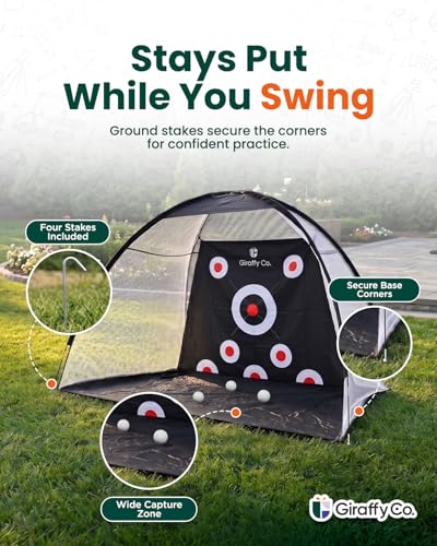 GIRAFFYCO Golf Practice Net with Dual-Turf Mat – Backyard Golf Hitting Net for Driving, Chipping & Swing Training, Includes Target Sheet, 5 Balls, Rubber Tee, Carry Bag & Scoreboard