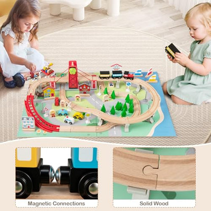 Costzon Train Table, 3-in-1 Wooden Activity Table W/ 3 Storage Bins, Reversible 94 PCS Track Train Toys & Table Map for Building, Playing, Studying, Eating, Kids Train Set Table for Boys Girls Aged 3+ - size: 36" x 25" x 15.5" (L x W x H)