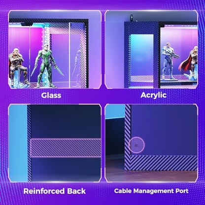 AODK Glass Display Cabinet with Glass Doors, 4-Tier Display Case with RGB Lights, Glass Cabinet Shelf for Collectibles and Storage, Black Curio Cabinet for Gaming Room