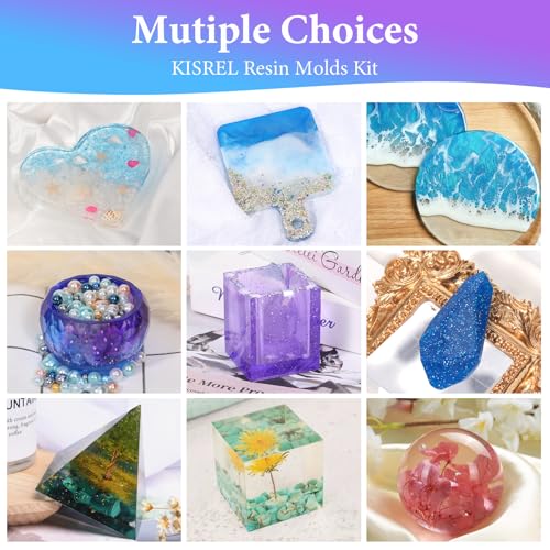 KISREL Resin Molds Kit 12PCS, Epoxy Resin Silicone Molds, Resin Mold Including Cube, Pen Container, Pyramid, Tray, Love, Round, Square, Ball, Flowerpot, Cuboid, Crystal - size: Various Resin Molds - 12pcs