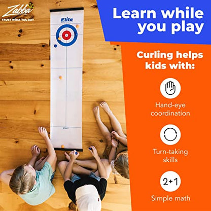 Elite Sportz Equipment Curling Game - Tabletop Games for Adults, Kids & Families - 4 Ft x 1 Ft Mat for Indoor Fun w/Bonus Travel Bag - Ages 6 & Up