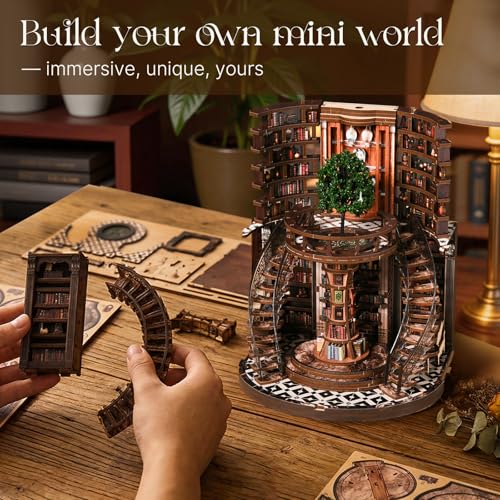 Book Nook Kit, 3D Wooden Puzzles for Adults, DIY Miniature House Kit for Adults, Booknook with LED Light, Gifts for Family, Friends and Book Lovers, Bookshelf Decor(Wisdom Rings)