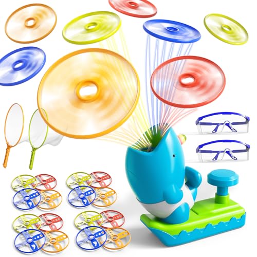 KukuFun 24-Pack Flying Disc Launcher Toys with Protective Glasses, Outdoor Outside Game Gifts for Kids Boys Ages 3-5 4-8, Fun Active Disc Launcher Set for Toddlers Girls Ages 3 4 5 6 7 8