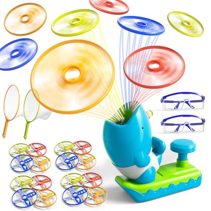 KukuFun 24-Pack Flying Disc Launcher Toys with Protective Glasses, Outdoor Outside Game Gifts for Kids Boys Ages 3-5 4-8, Fun Active Disc Launcher Set for Toddlers Girls Ages 3 4 5 6 7 8