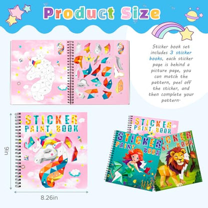 homicozy 3PCS Paint by Sticker Books for Kids Ages 4-10 – Unicorn Mermaid Animal Sticker by Number Kit, 30 Pictures, Mess-Free Travel Road Trip Art & Craft Activity – Birthday Gift for Girls 4-10 - style: Style1-3PCS