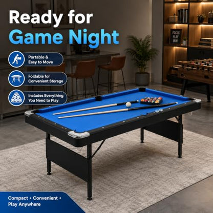 5.3 FT Pool Table Portable Foldable Billiards Table for Kids & Adults with with Balls, Cues, Chalk, Rack & Brush, Compact Space-Saving Game Table for Family Game Room & Office - color: Black+Blue