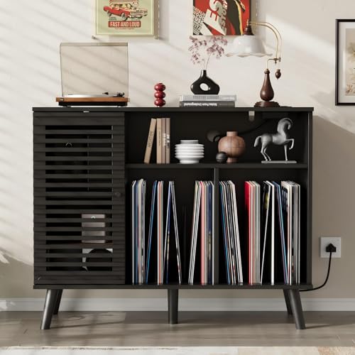 Furnify Record Player Stand with Charging Station, Mid-Century Turntable Stand with Slatted Doors, 40" W Record Player Table Holds Up to 350 Albums Vinyl Storage Display Shelf for Living Room, Black - color: Black