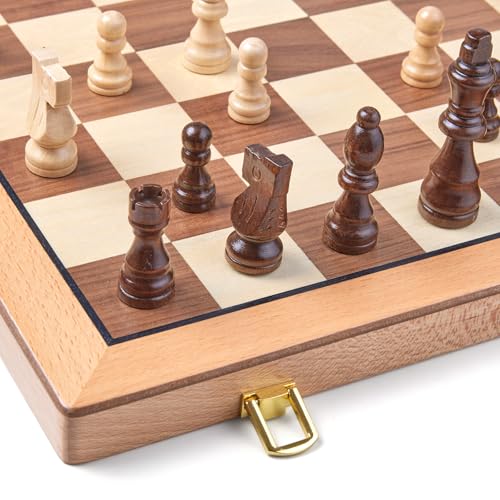 AMEROUS Magnetic Wooden Chess Set, 15 Inches Handmade Wooden Folding Travel Chess Board Game Sets with Chessmen Storage Slots for Kids and Adults, 2 Bonus Extra Queens, Gift Box Packed