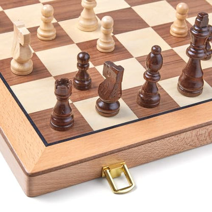 AMEROUS Magnetic Wooden Chess Set, 15 Inches Handmade Wooden Folding Travel Chess Board Game Sets with Chessmen Storage Slots for Kids and Adults, 2 Bonus Extra Queens, Gift Box Packed