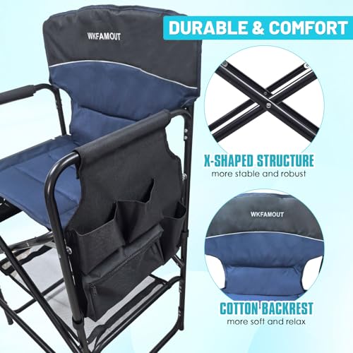 Tall Folding Director Chair 30.7" Seat Height Foldable Bar Stool for Makeup Artist Face Painting with Side Table Carry Bag and Cosmetic Bag Supports 350LBS - color: Navy-padded