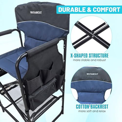 Tall Folding Director Chair 30.7" Seat Height Foldable Bar Stool for Makeup Artist Face Painting with Side Table Carry Bag and Cosmetic Bag Supports 350LBS - color: Navy-padded