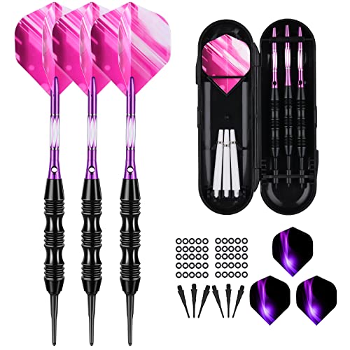 Professional Soft Tip Darts Set 20 Grams - 50 Rubber O-Rings + 30 Darts Plastic Tip + Aluminum Shafts + 6 Standard Flights + Portable Case for Electronic Dart Board - color: PURPLE 2