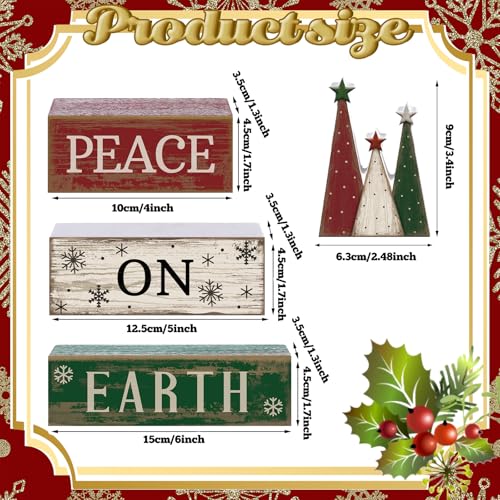 Lineshading 4 Pcs Christmas Table Decoration Wooden Christmas Tree Sign Winter Tiered Tray Decor Decorative Red Green and White Tree Block Signs Xmas Table Centerpiece Farmhouse Decor for Home Kitchen - style: Christmas Tree