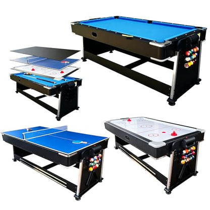 Pool Table Dining Table Combo with Ping Pong & Air Hockey Table, 7ft 4-in-1 Multi Game Table, Convertible Billiard Table for Adults Outdoor/Indoor - color: Blue