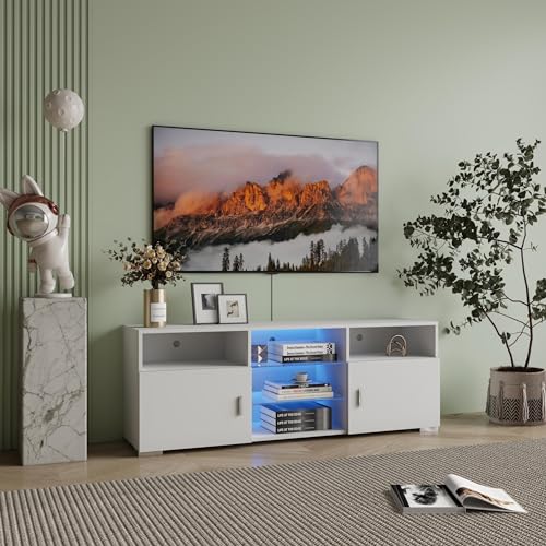 57" Remote Controlled Media Storage Cabinet, Media Console with Layered Racks, TV Console Stand with Glass Panels for Game Room Areas, White