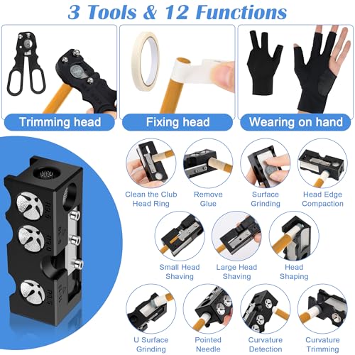 23Pcs Pool Cue Tips Replacement Kit, 11-in-1 Billiards Pool Cue Tip Shaper, 2 Chalk Cubes 6 Ferrules 6 Cue Tips 2 Blades 2 Wrenches 1 Scissors 1 Tape 1 Glove 1 Instruction Manual for Billiard
