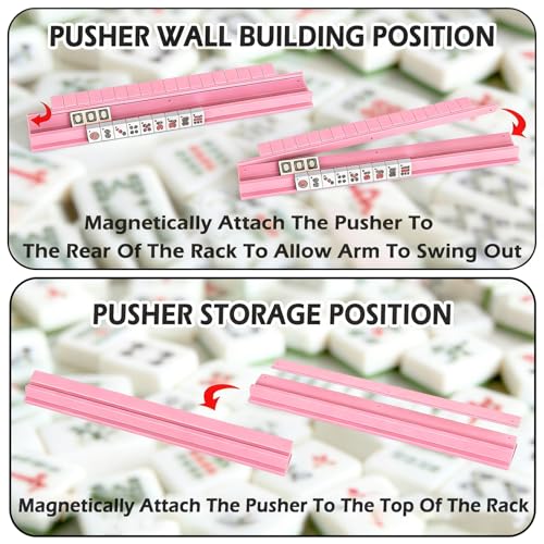 4 PCS Mahjong Racks with Pushers, Pink Wooden Mahjong Racks with Detachable Magnetic Pushers, Mahjong Tile Pushers and Racks, Includes Chips, Dice & Storage Bags, Mahjong Accessories (19.68 Inch) - color: Pink