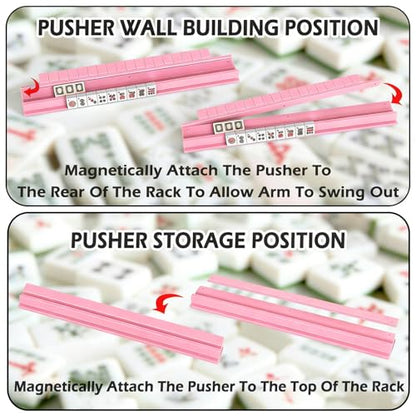 4 PCS Mahjong Racks with Pushers, Pink Wooden Mahjong Racks with Detachable Magnetic Pushers, Mahjong Tile Pushers and Racks, Includes Chips, Dice & Storage Bags, Mahjong Accessories (19.68 Inch) - color: Pink