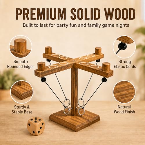 Wooden Ring Toss Game Set with Wooden Dice, Tabletop Hook and Ring Toss Game for Adults, Family Game Night, Party, Bar, Camping, Backyard, Indoor Outdoor Games