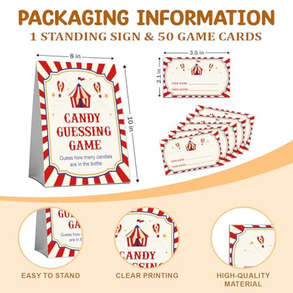 Carnival How Many Candies Games, Circus Theme How Many Game Set, Carnival Birthday Baby Shower Bridal Shower Wedding Party Game Activity Supplies, 1 Standing Sign and 50 Cards -03