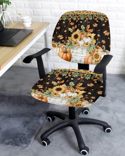 Savannan Office Chair Cover, Pastoral Pumpkin Maple Leaf Sunflower Protective Stretch Elastic Universal Cover for Desk Task Chair,Computer Rotating Chair 1 Pcs Autumn Brown Wood