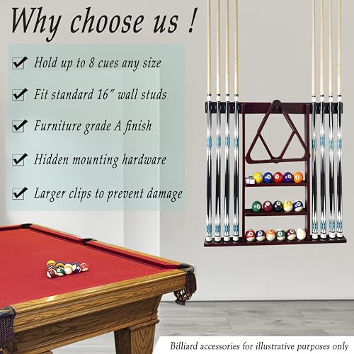 Wall Mount Pool Cue Stick Holder Hold 8 Cues, Pool Stick Holder, Billiard Cue Rack For Pool Table Accessories. Pool Table Stick Holder Made Of 100% Solid Wood (Mahogany) - color: Mahogany