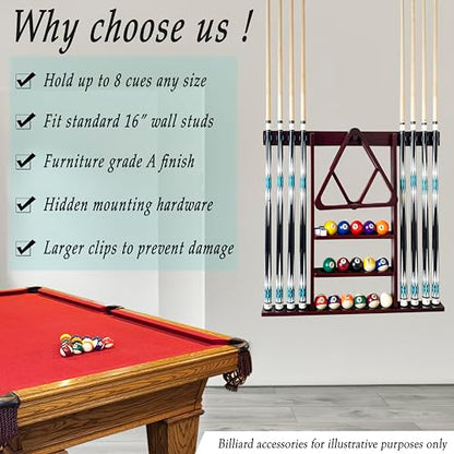 Wall Mount Pool Cue Stick Holder Hold 8 Cues, Pool Stick Holder, Billiard Cue Rack For Pool Table Accessories. Pool Table Stick Holder Made Of 100% Solid Wood (Mahogany) - color: Mahogany