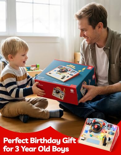 TOP BRIGHT Montessori Busy Board with LED Light, Sensory Toys with Sounds & Switches, Activity Board for Kids 3-5, Car Driving Toy for Toddler Boy, 3 Year Old Girl Boy Gifts for Birthday Christmas