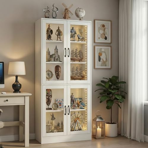 holzart Modern White 5-Tier Display Cabinet with Glass Doors and LED Lights, 65" Tall Storage Bookshelf, 4-Door Freestanding Curio Cabinet for Living Room, Home Office - color: White