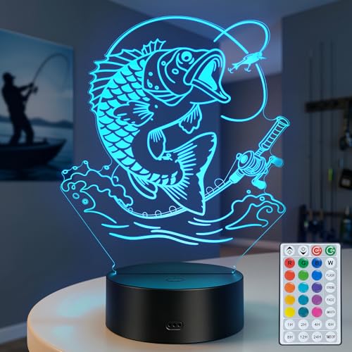 Fishing 3D Night Light, Fishing Gifts for Boys Men | 16 Colors Illusion Lamp, LED Dimmable Timer USB Lights, for Birthday Fish Man Cave Room Decor - color: Fishing