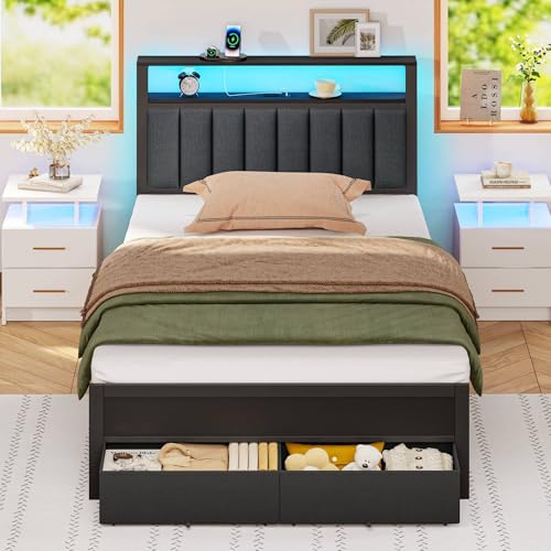 Furnulem Twin Bed Frames with Charging Station and LED Lights, Grey Upholstered Headboard with Shelves, Metal Platform Bed with 2 Under-Bed Storage (Fabric Drawer on Wheels), No Box Spring Needed - size: Twin