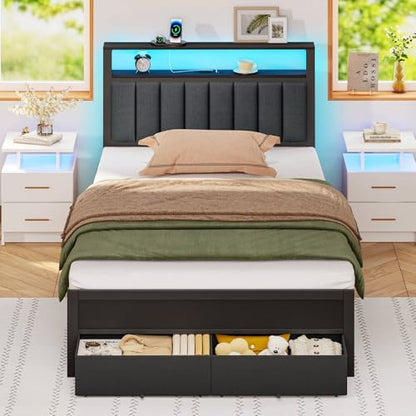 Furnulem Twin Bed Frames with Charging Station and LED Lights, Grey Upholstered Headboard with Shelves, Metal Platform Bed with 2 Under-Bed Storage (Fabric Drawer on Wheels), No Box Spring Needed - size: Twin