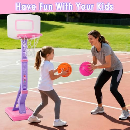 Toddler Basketball Hoop Indoor Outdoor - Height Adjustable 27.6-54 Inches (5 Slots), Kids Basketball Hoop with 4 Inflatable Balls & Pump, Safe Toddler Toys for 1-6 Year Old Boys Girls - color: pink