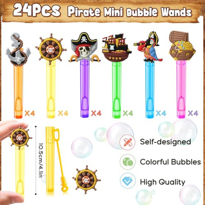 Winrayk Pirate Party Favors, 24Pcs Self-designed Mini Bubble Wands for Kids Bubbles Bulk with Detachable Topper (6 Styles & Colors), Birthday Gift Toy Pinata Filler Goodie Bag Stuffer Classroom Prizes - style: Pirate